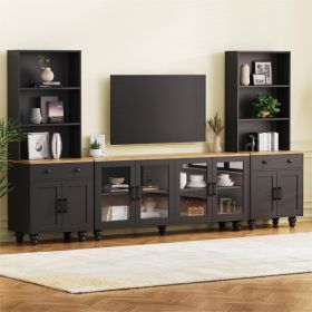 ON-TREND Farmhouse TV Stand With Solid Wood Gourd-Shaped Legs For TVs Up To 70, Entertainment Center With Bookshelves & Tempered Glass Doors, Med (Option: Black Natural)