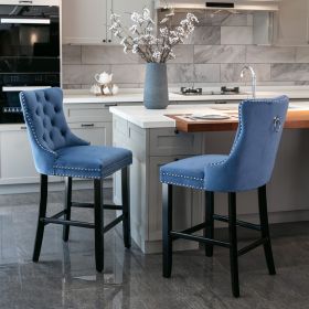 Contemporary Velvet Upholstered Barstools with Button Tufted Decoration and Wooden Legs, and Chrome Nailhead Trim, Leisure Style Bar Chairs,Bar s (Color: as Pic)
